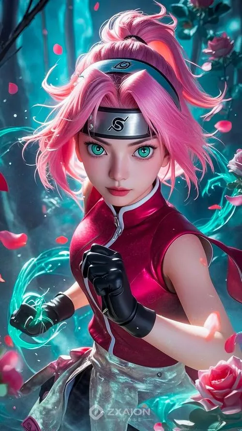 Ảnh bìa Sakura Haruno đang lao tới tung đòn, tia sét hồng quanh người, bố cục hành động dứt khoát.