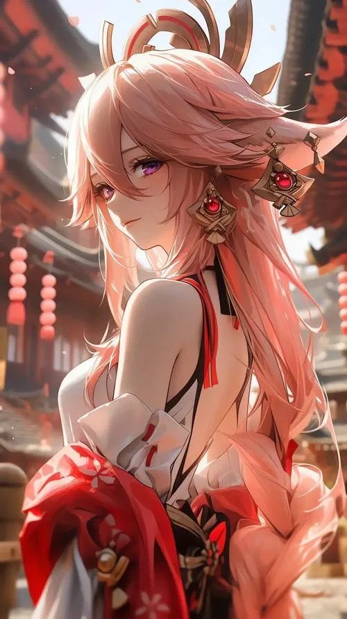 Ảnh nền điện thoại Hồ Ly Inazuma mỉm cười nhẹ, Sesshou Sakura phía sau, sắc tím ngầu mà thanh