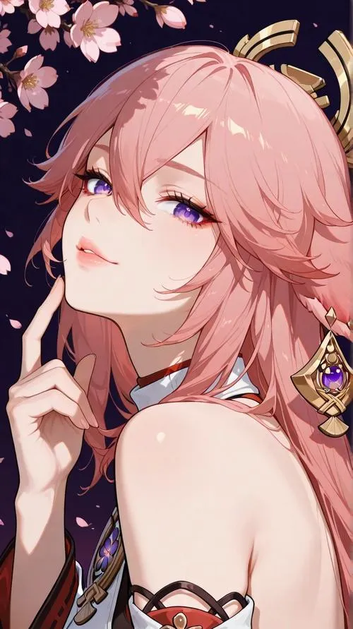 Hình nền anime Tổng biên tập Yae bên kệ sách, ánh tím lôi nhẹ, vibe trí tuệ sắc sảo