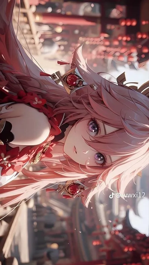 Hình nền điện thoại Yae Miko cận mặt, mắt tím thẫm quyến rũ, tóc hồng đào nổi trên nền tối