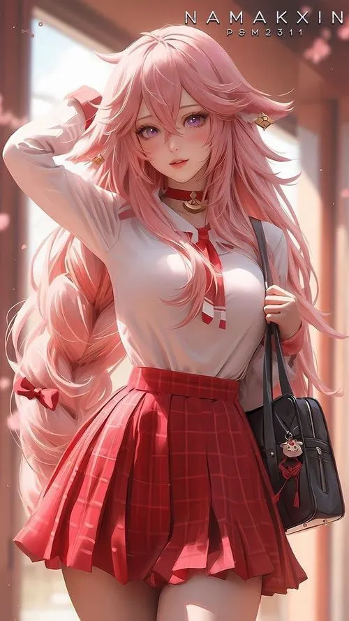 Ảnh nền đẹp Yae Miko phối đỏ trắng vu nữ, điểm vàng kim tinh tế, bố cục gọn dễ nhìn