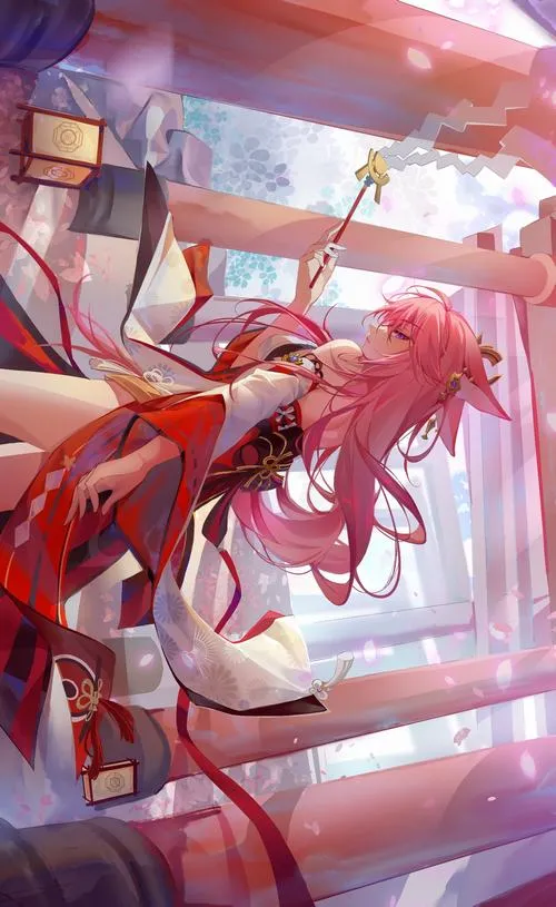 Hình nền ngầu Yae Miko gọi lôi quang quanh Sesshou Sakura, hiệu ứng giật sét rất đã mắt