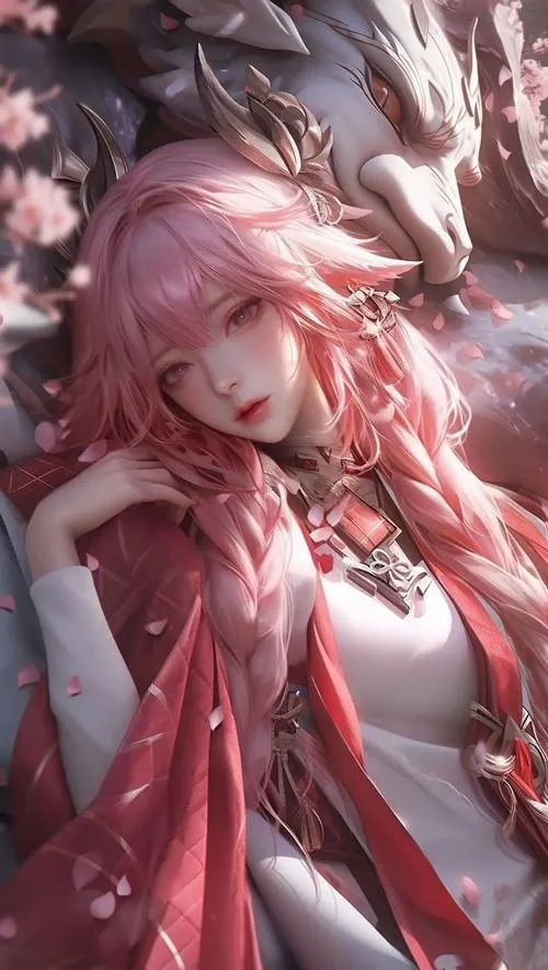 Ảnh nền Yae Miko trong sân đền, đèn lồng mờ, không khí linh thiêng và bình yên