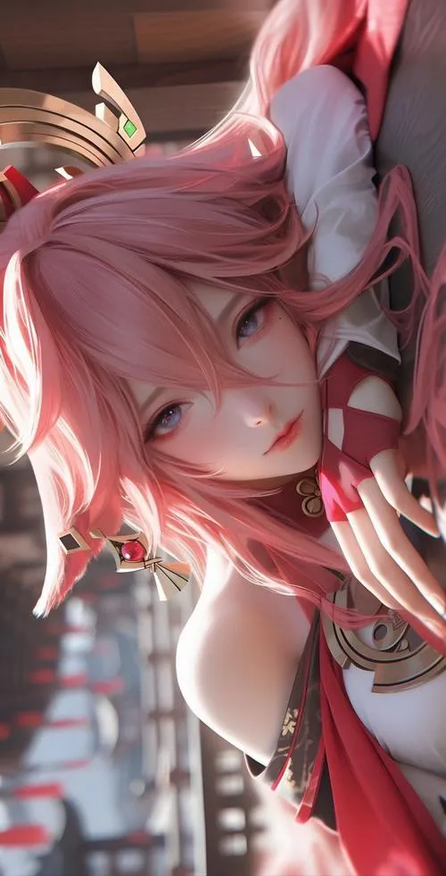 Hình nền 4K Yae Miko phong thái quan sát thế gian, ánh mắt tinh nghịch, cảm giác như xem kịch