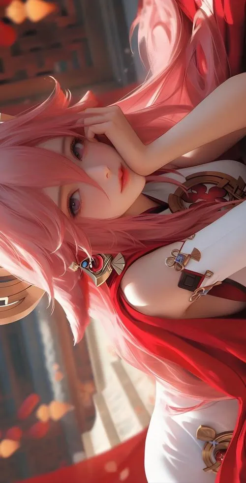 Ảnh nền Cô Yae bước trên bậc thang đá, Đền Narukami phía sau, không khí linh thiêng rõ rệt