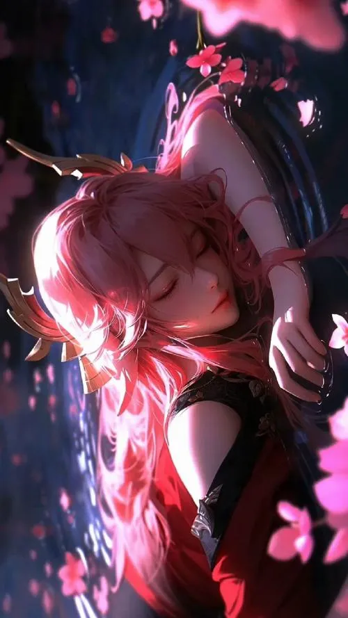 Hình nền anime Yae Miko tông tím thẫm, tóc hồng đào bay mềm, nhìn lâu vẫn cuốn