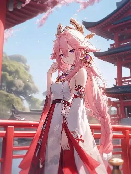 Hình nền 4K Yae Miko đứng giữa Inazuma, trang phục vu nữ cách tân, nền trời tím điện quang