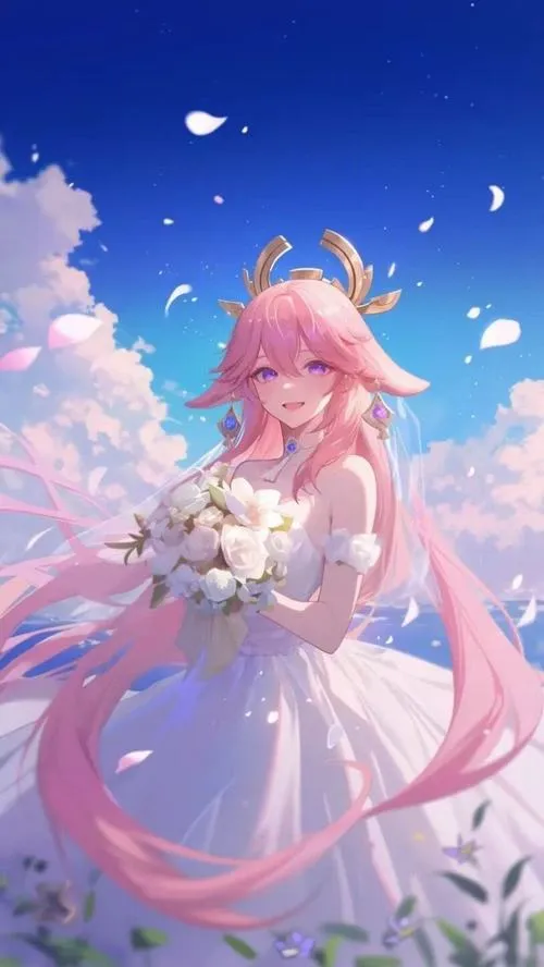 Hình nền điện thoại Cô Yae cầm Gohei làm nghi thức thanh tẩy, ánh điện quang tím nhẹ rất sang