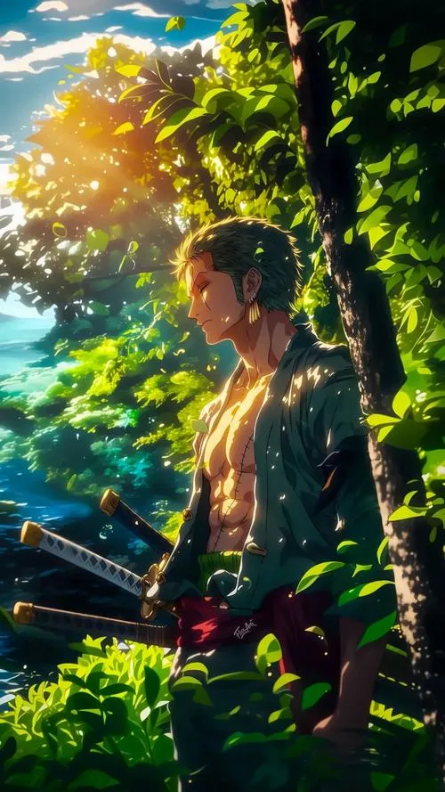 Ảnh Zoro 4k cực chiến nhìn từ sau, nền xoáy rồng xanh khổng lồ, cảm giác áp lực bao trùm