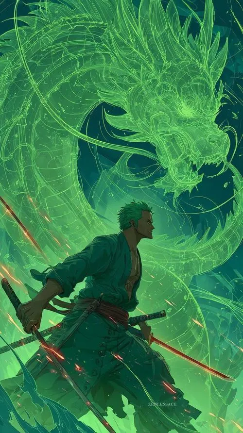 Ảnh nền Zoro sát cánh Monkey D. Luffy, khí chất cánh tay phải, ánh sáng viền nổi bật nhân vật