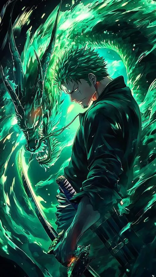 Hình Zoro ở Wano Quốc, họa tiết Nhật cổ, nền giấy sần, màu xanh trầm tạo vibe kiếm sĩ