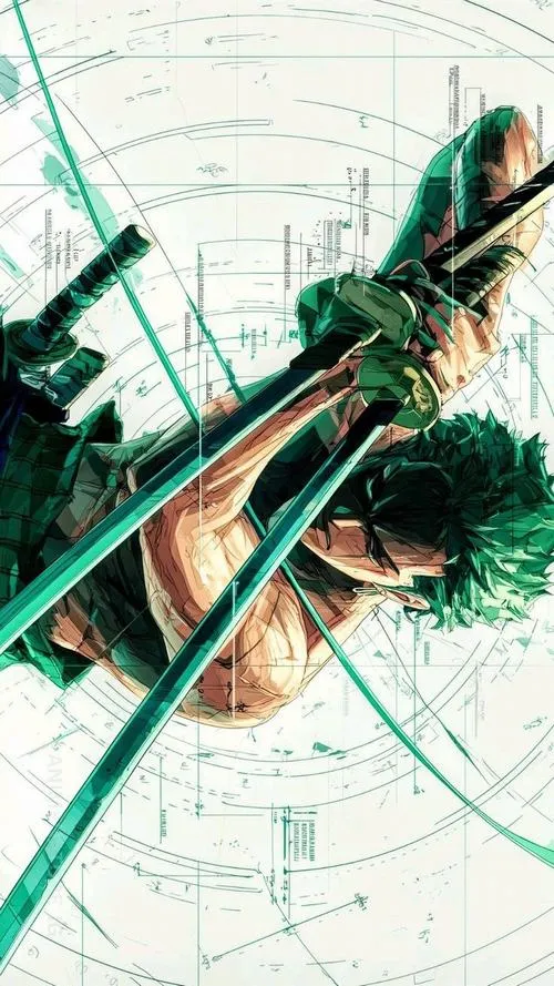 Ảnh Zoro với lớp gradient hậu cảnh chuyển xanh sang đen, tạo chiều sâu, hợp màn hình ngang