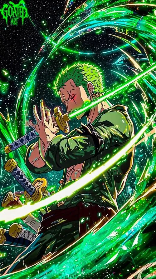 Hình nền anime đẹp của Thợ săn Hải tặc Zoro, ánh mắt lạnh, nền tối gọn, hợp màn hình khóa