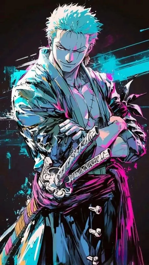 Hình Zoro cận cảnh lưỡi kiếm phản quang, bề mặt kim loại hiện vệt xước, nét siêu rõ