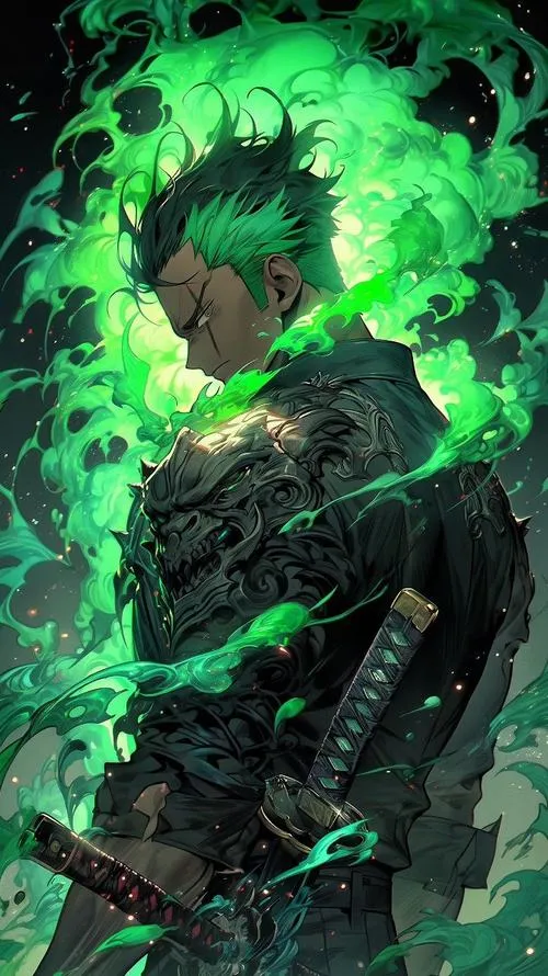 Ảnh nền Zoro có bóng đổ dài, ánh đèn xiên, tạo cảm giác kỷ luật, hợp người thích tối giản