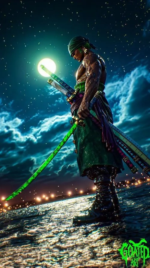 Hình Zoro 4K ngầu xoáy năng lượng xanh, tam kiếm phái tung đường kiếm, nền tối nổi sát khí