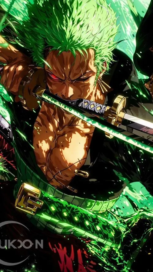 Ảnh nền Zoro siêu nét kiểu manga đen trắng, tóc xanh nổi bật, sẹo mắt trái lạnh băng