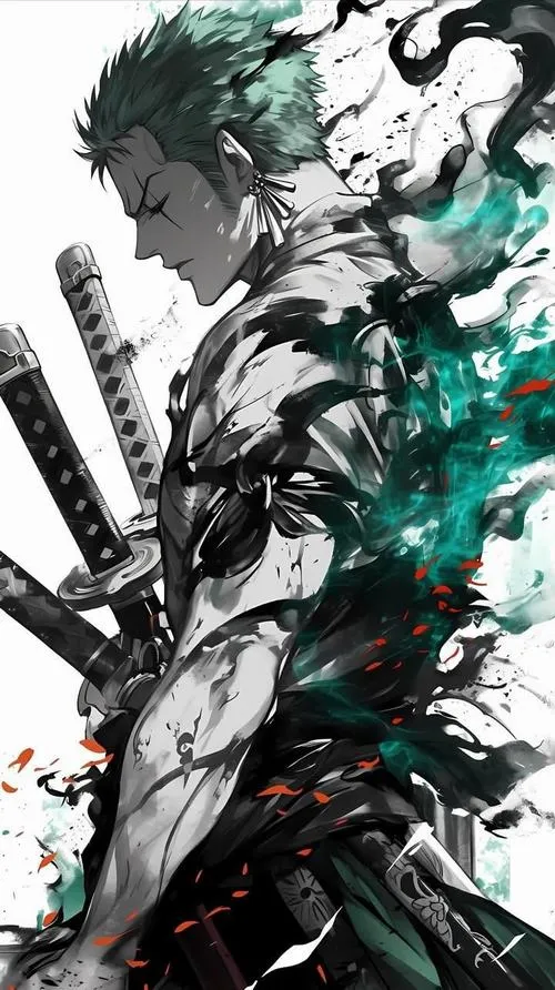 Wallpaper Zoro chất đứng ngược sáng, Haki bùng lên màu xanh lam, nền sấm điện đầy áp lực