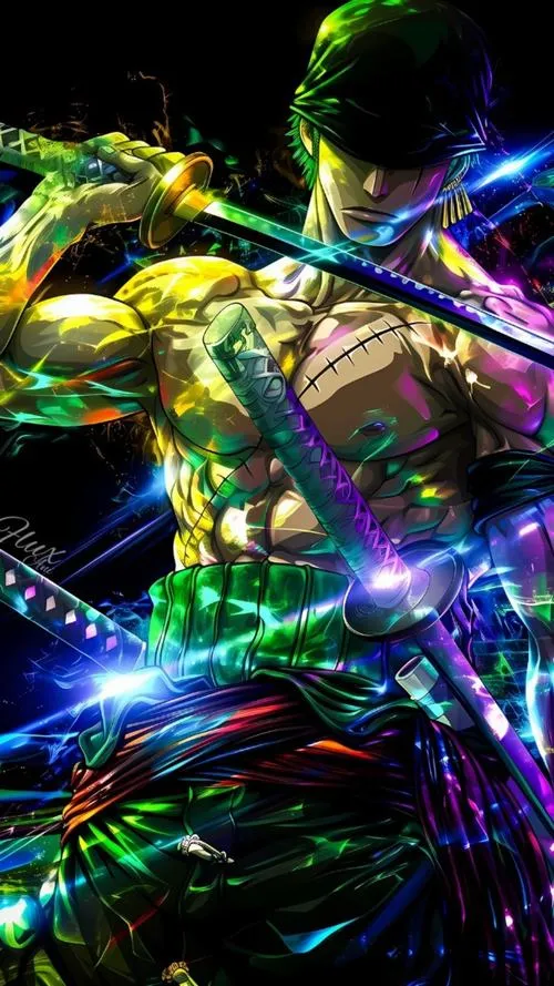 Hình Zoro 4K ngầu ngồi trầm trong rừng tối, ba thanh kiếm bên hông, khói mù tạo chiều sâu