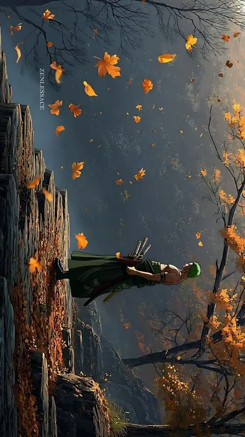 Nền máy tính Zoro sắc lạnh nghiêng người thủ thế, viền sáng xanh phủ tóc, hạt bụi bay mịn