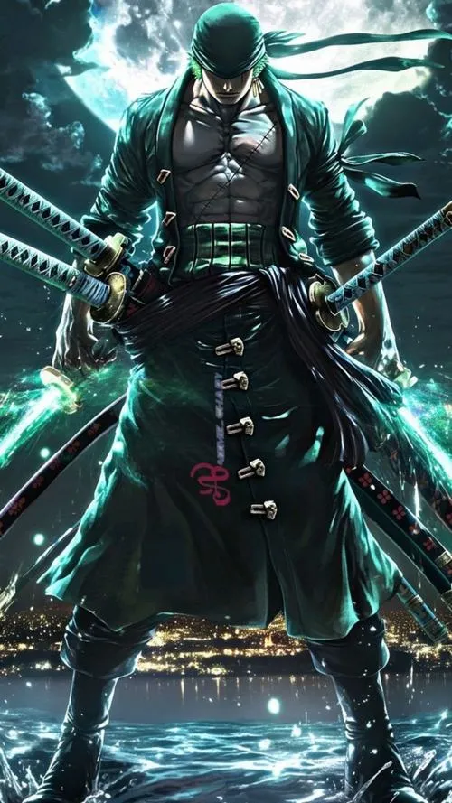 Hình Zoro 4K ngầu phối cảnh manga lật khung, thần thái lặng mà nặng, hợp làm ảnh bìa