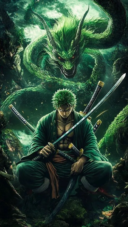 Hình Zoro vung Enma, vỏ kiếm sơn mờ bắt sáng nhẹ, hạt bụi bay, cảm giác nặng đô