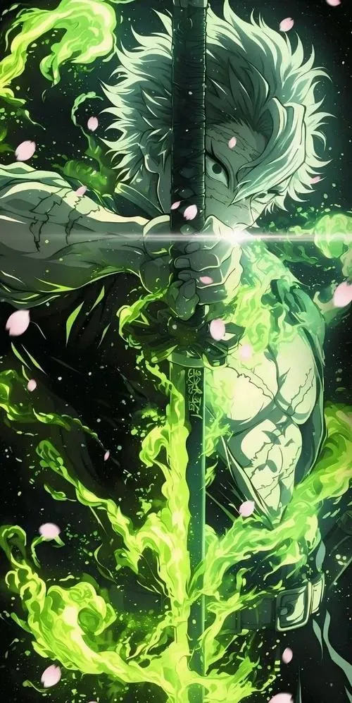 Ảnh anime Zoro dùng Haki Vũ trang, vệt đen phủ lưỡi kiếm, tương phản gắt, nhìn rất chắc tay