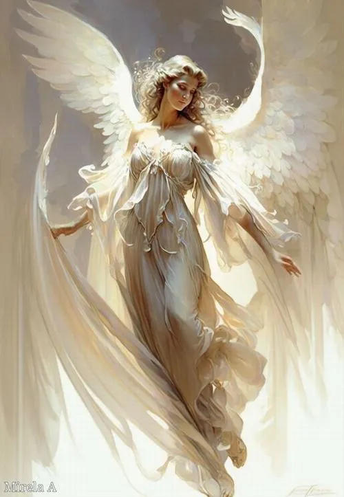 Hình ảnh thiên sứ đứng giữa bầu trời và đám mây trắng