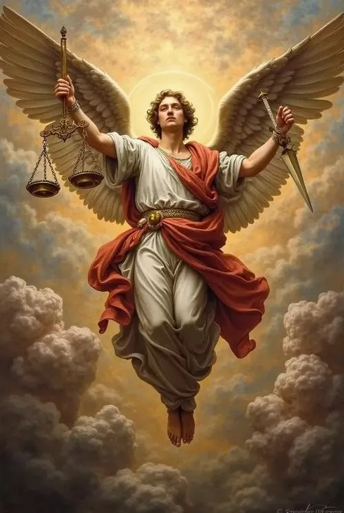 Thiên thần hộ vệ đứng trong tia nắng xuyên mây dịu nhẹ