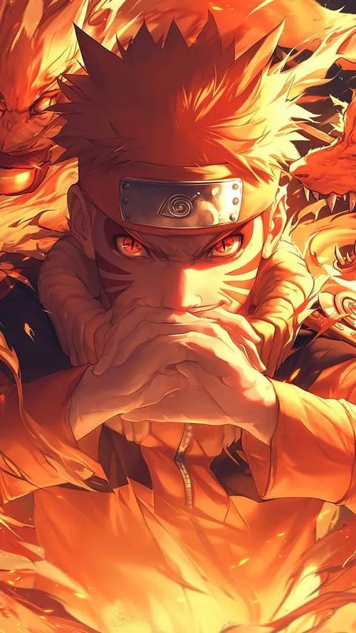 Ảnh Fanart ninja tóc vàng đưa tay trước mặt, tông cam cháy, khói lửa làm nổi thần thái.