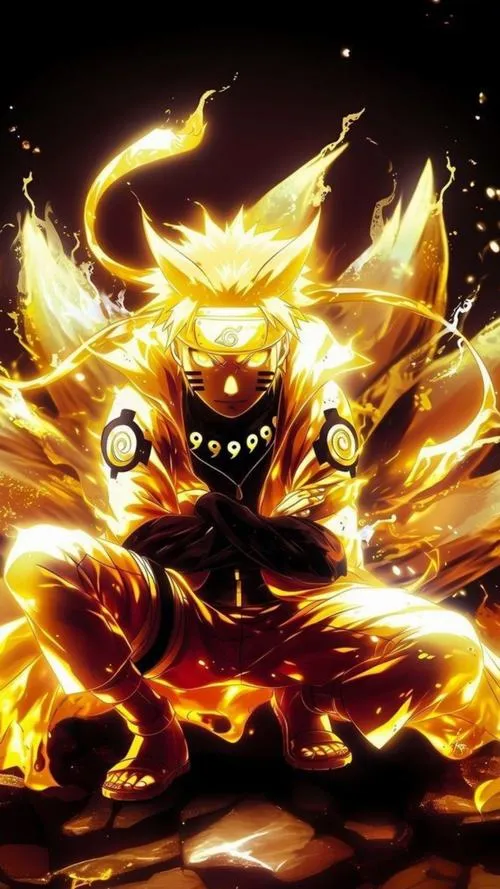 Ảnh ngầu đầu Cửu Vĩ phát sáng, lửa vàng cuộn xoáy, bố cục dọc hợp làm hình nền.