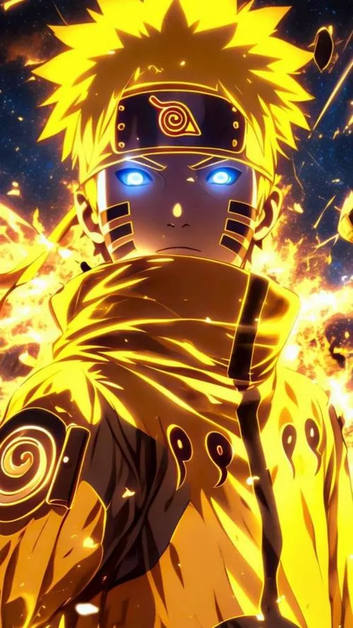 Hình anime Naruto khoác áo choàng, ánh chakra bốc lên quanh người, dáng đứng chắc như thủ lĩnh.
