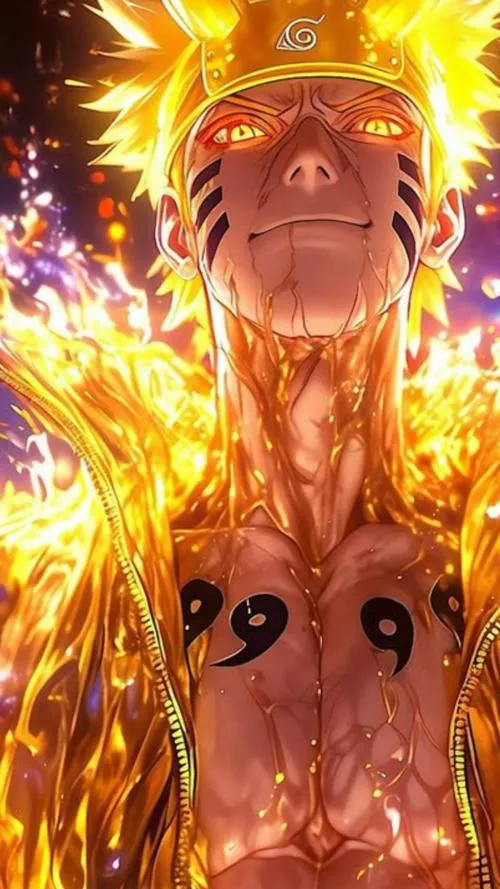Hình Naruto dạng thức tỉnh, ánh vàng rơi như mưa lửa, biểu cảm điềm nhưng cực gắt.