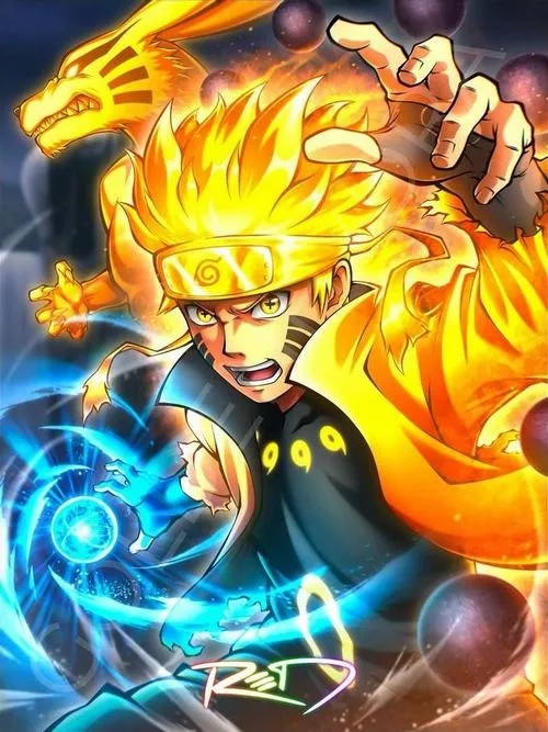 Hình Naruto tạo Rasengan xanh, chakra cam quấn quanh, tương phản nóng lạnh nhìn đã mắt.
