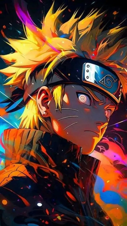 Hình đẹp Naruto fanart màu rực, băng trán nổi bật, ánh mắt sắc lạnh giữa nền loang mạnh.