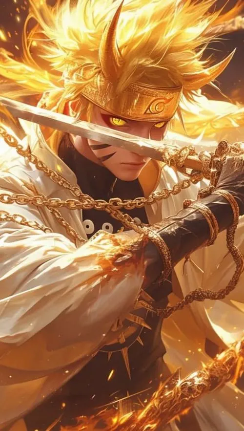 Hình Naruto với ánh vàng phủ áo, tay cầm vũ khí, pose dứt khoát nhìn rất chiến.
