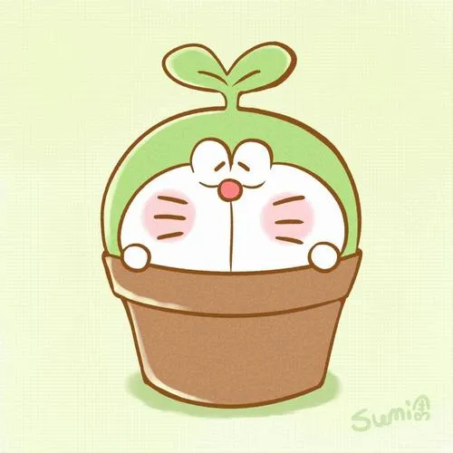 Hình avt cute Doraemon chui trong chậu cây, mặt đơ như tượng, vibe vô tri cực hợp troll.
