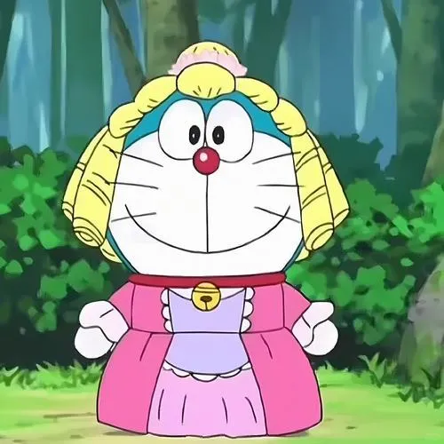 Ảnh trang cá nhân Doraemon mặc váy hồng tóc xoăn, đứng đơ ra, nhìn vừa buồn cười vừa nhây.