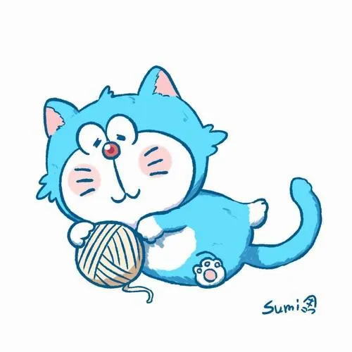 Ảnh trang cá nhân Dora phiên bản mèo xanh nhỏ, ôm cuộn len, mắt tròn vô tri đáng yêu.