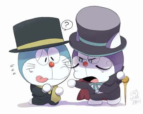 Ảnh hiển thị Doremon đứng cạnh bạn đội mũ ảo thuật, kiểu đôi bạn nhây, nhìn rất hài.