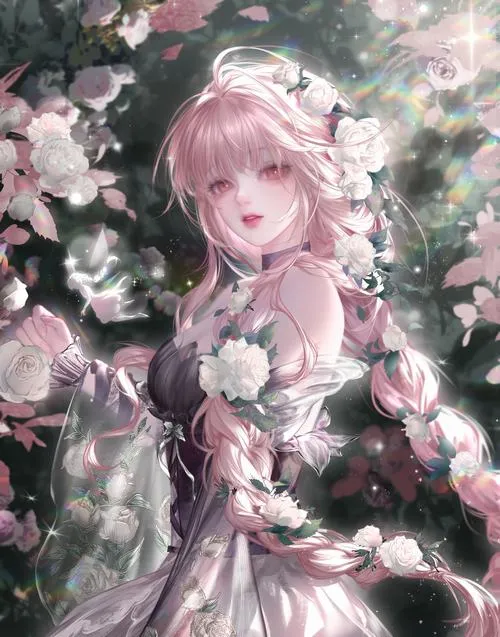 Cô gái xinh tóc hồng giữa hoa, bối cảnh rợp lá, ánh sáng mềm làm da trông mịn.