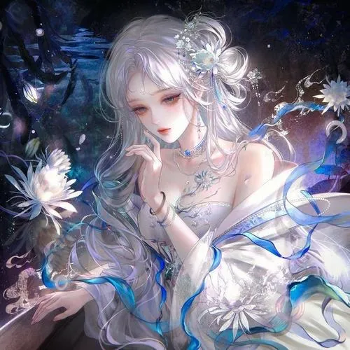 Mỹ nhân tóc bạc giữa ánh xanh, bối cảnh lung linh, thần thái lạnh lùng nhưng vẫn dịu dàng.