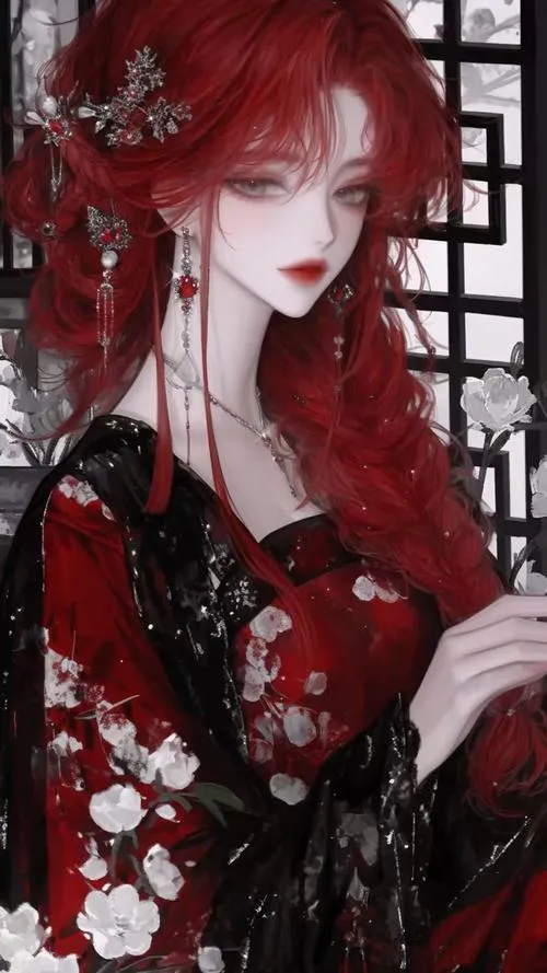 Cô nàng xinh tóc đỏ bên khung cửa, bối cảnh tối, ánh sáng hắt tạo vẻ bí ẩn.