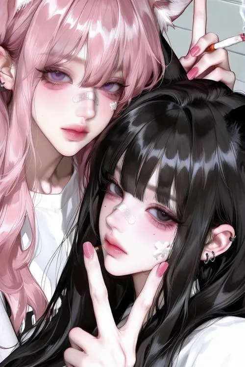 Hai cô gái xinh áp sát, biểu cảm gương mặt ngại ngùng, trang phục tối làm nổi làn da.