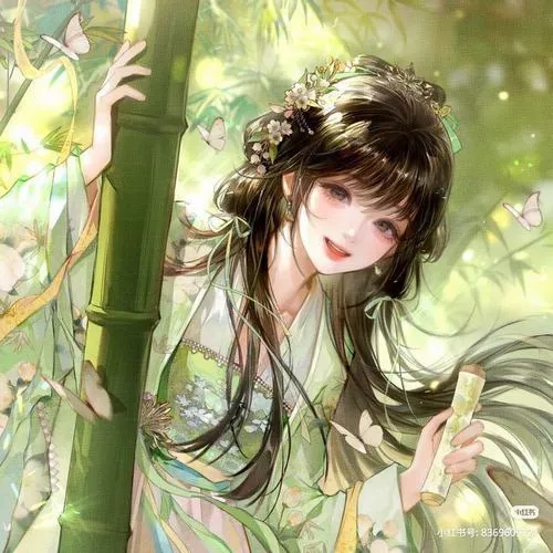 Thiếu nữ xinh bên bụi tre, bối cảnh xanh mướt, tư thế tạo dáng nhẹ nhàng rất thơ.