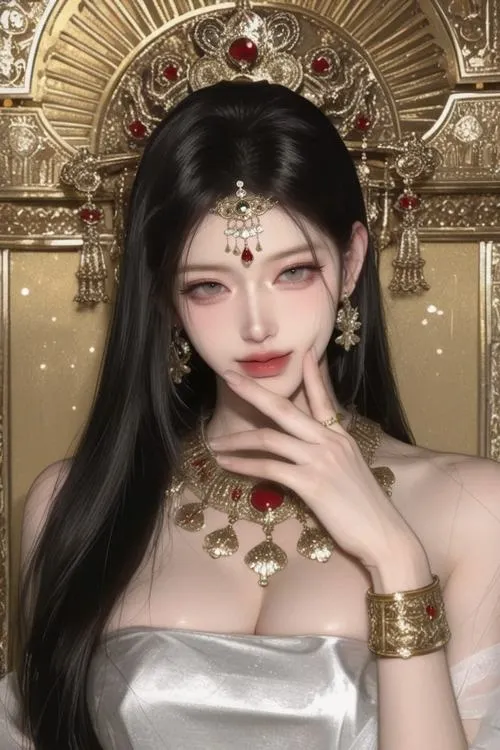 Mỹ nhân cổ trang tóc đen, trang phục trắng ánh kim, bối cảnh cung điện tạo vẻ quý phái.