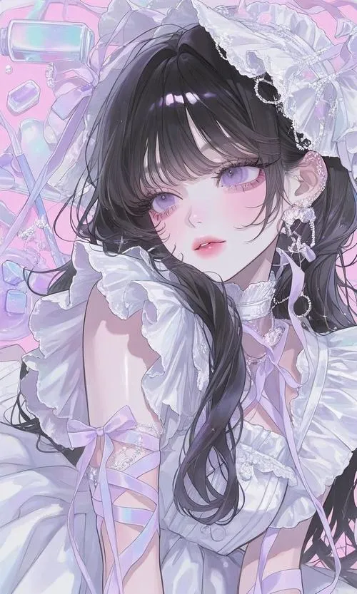 Cô nàng xinh tóc đen mềm, tông pastel tím nhạt, ánh sáng dịu khiến khung hình mơ màng.