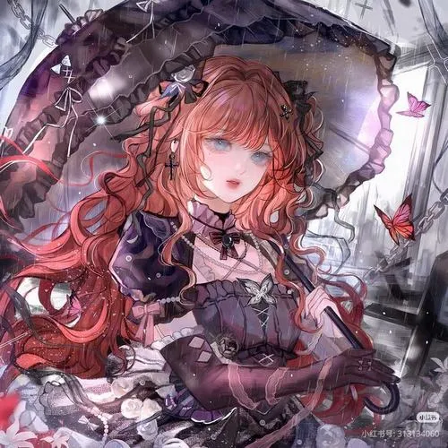 Nàng xinh tóc đỏ dưới ô, bối cảnh mưa lất phất, biểu cảm gương mặt buồn nhẹ rất cuốn.