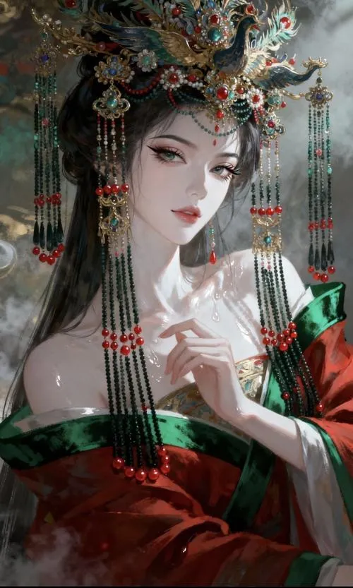 Thiếu nữ xinh cổ phong, trang phục đỏ xanh cầu kỳ, bảng màu trầm sang tạo cảm giác trang nghiêm.