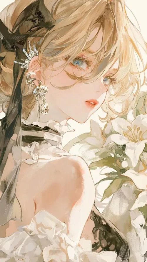 Cô gái xinh tóc vàng nhạt, bối cảnh vườn sáng, mắt to long lanh nhìn nghiêng rất hiền.